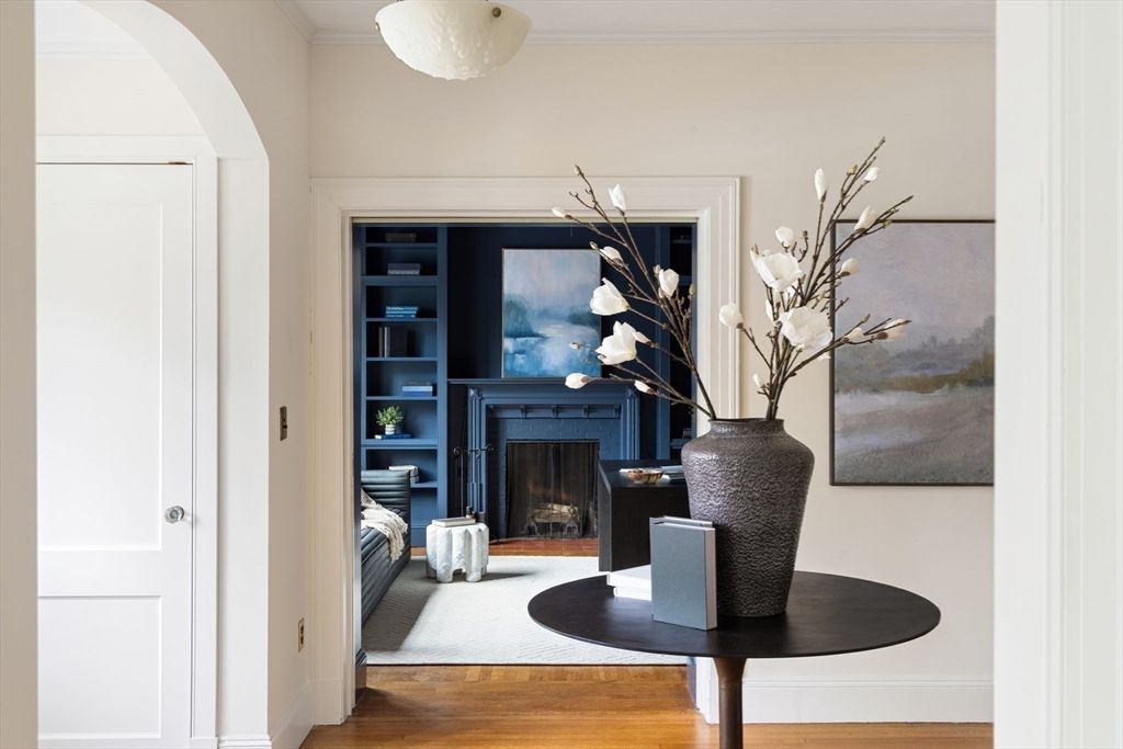 Fireplace, Home Office, Interior, Pendant Lights, Wood Texture Flooring