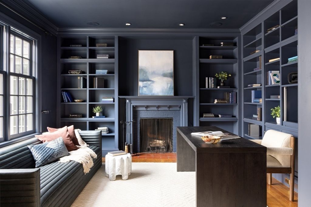 Fireplace, Home Office, Interior, Recessed Lighting, Wood Texture Flooring