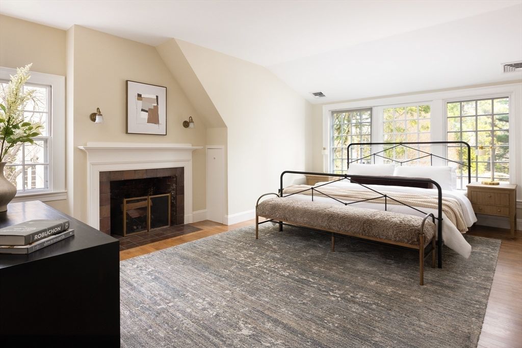 Bedroom, Fireplace, Interior, Wood Texture Flooring