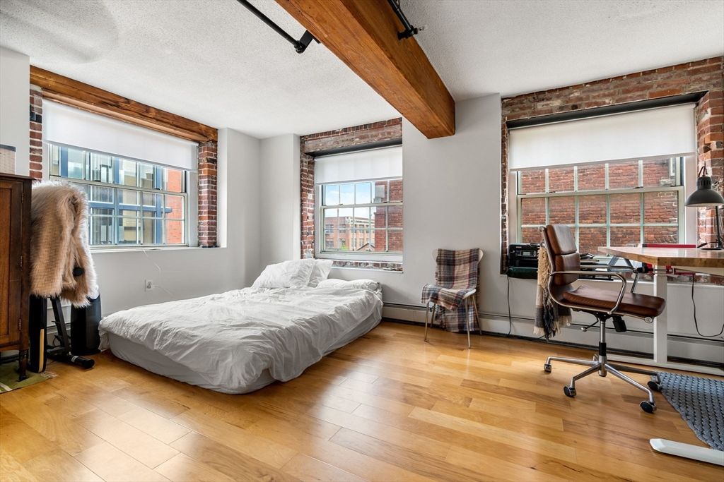 Bedroom, Home Office, Interior, Stone Walls, Wooden Beams, Wood Texture Flooring