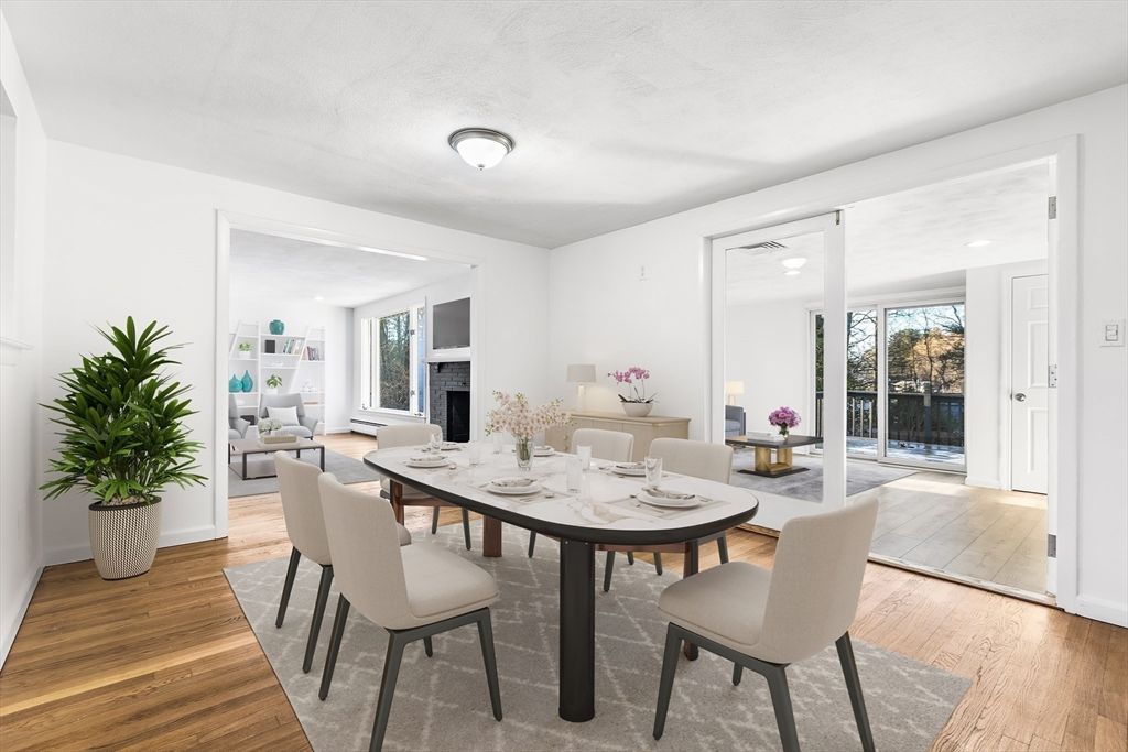 Dining room, Fireplace, Interior, Living room, Recessed Lighting, Wood Texture Flooring