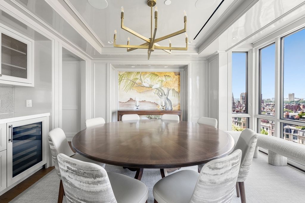 Dining room, Interior, Pendant Lights, Recessed Lighting, Wood Texture Flooring