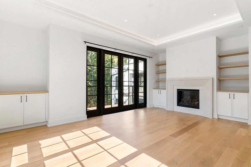 Empty room, Fireplace, Interior, Recessed Lighting, Wood Texture Flooring
