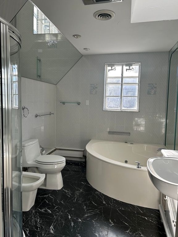 Bathroom, Free Standing Baths, Glass Shower, Interior, Marble, Recessed Lighting