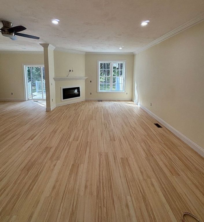 Empty room, Fireplace, Interior, Recessed Lighting, Wood Texture Flooring