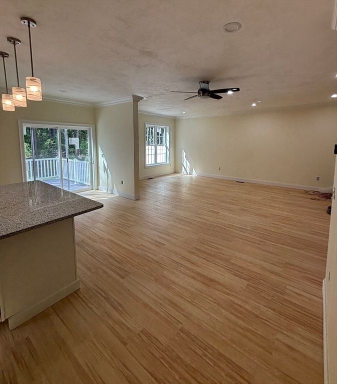 Empty room, Interior, Pendant Lights, Recessed Lighting, Wood Texture Flooring