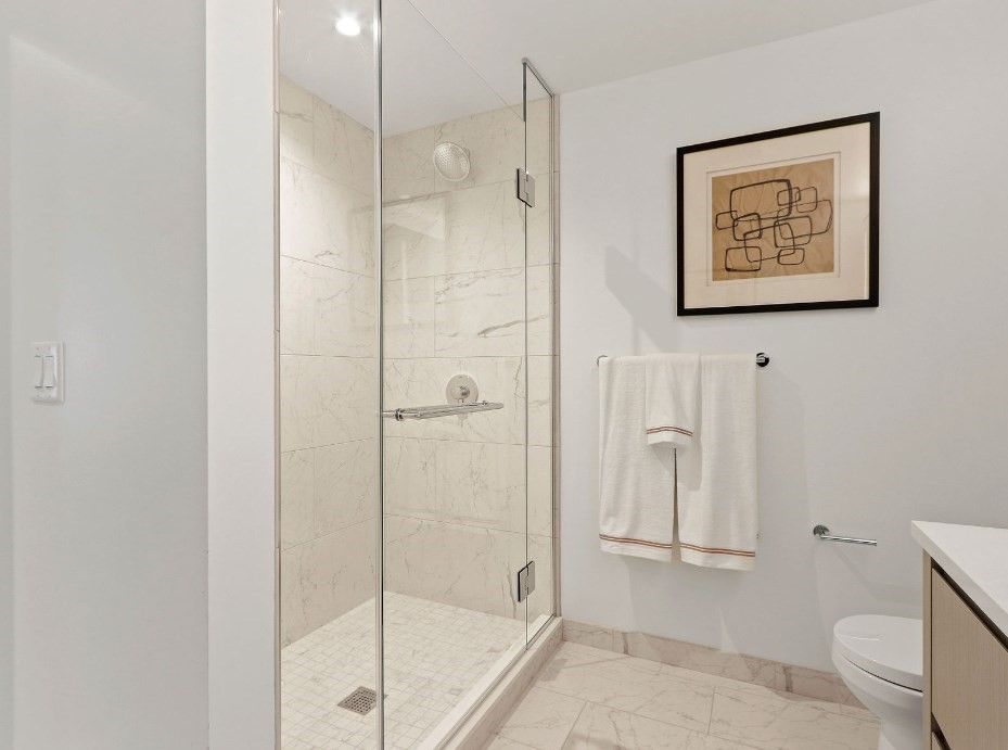 Bathroom, Glass Shower, Interior, Marble, Marble Walls, Recessed Lighting