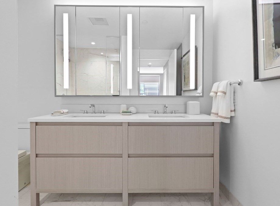 Bathroom, Dual Sink Vanities, Interior, Marble, Marble Walls, Recessed Lighting