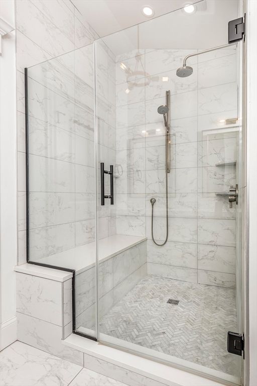 Bathroom, Glass Shower, Interior, Marble, Marble Walls, Recessed Lighting