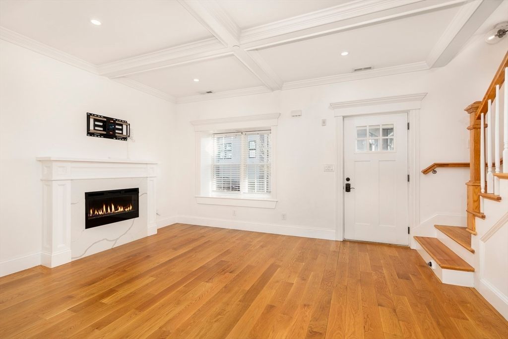 Empty room, Fireplace, Interior, Recessed Lighting, Wood Texture Flooring