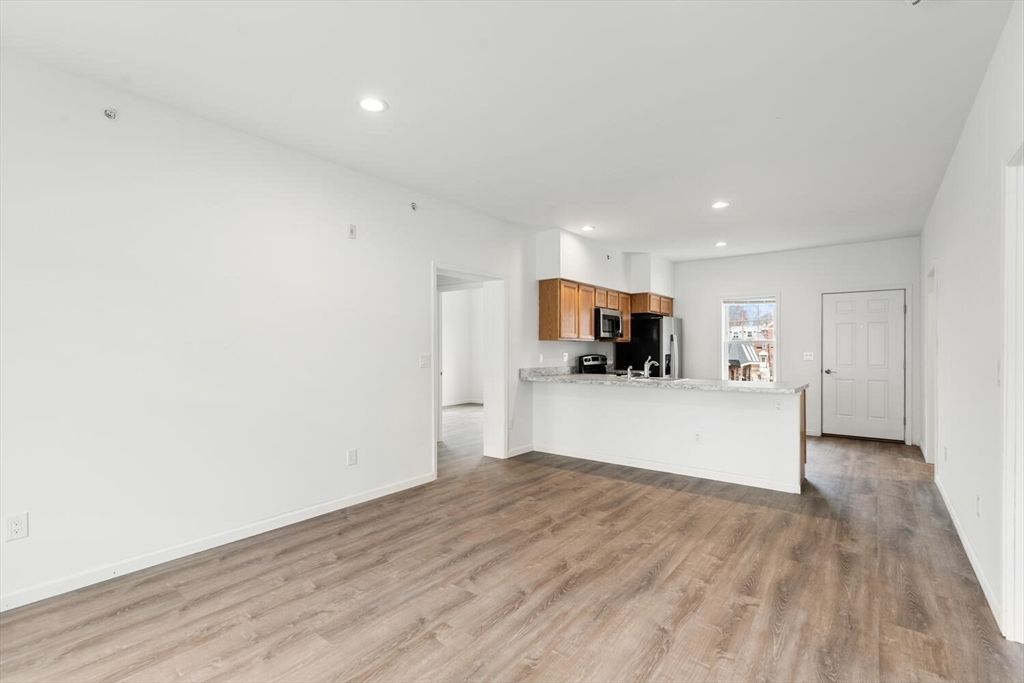 Empty room, Interior, Kitchen, Recessed Lighting, Wood Texture Flooring
