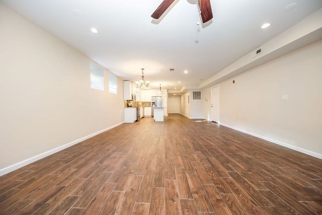 Chandelier, Empty room, Interior, Kitchen, Recessed Lighting, Wood Texture Flooring