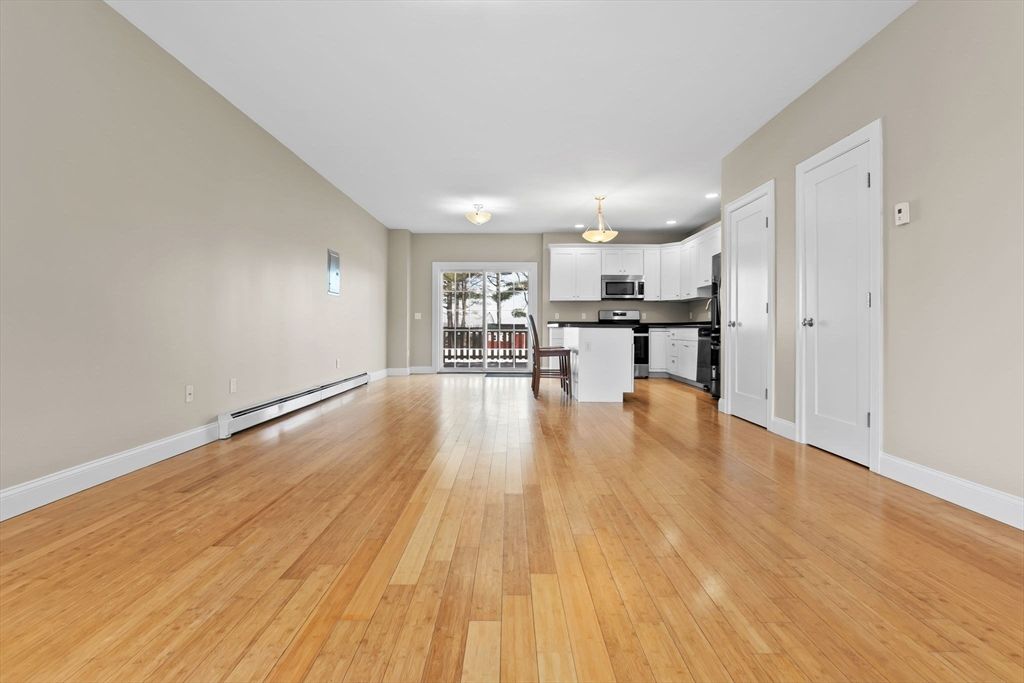 Chandelier, Empty room, Interior, Kitchen, Recessed Lighting, Wood Texture Flooring