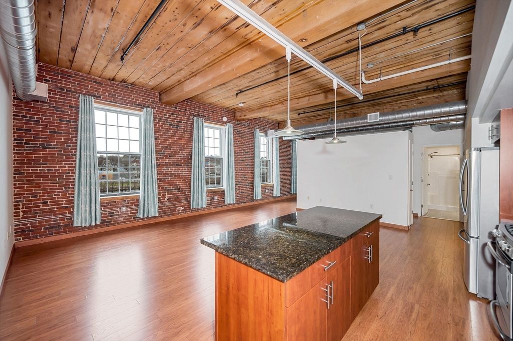 Empty room, Interior, Pendant Lights, Stone Walls, Wooden Beams, Wooden Ceilings, Wood Texture Flooring