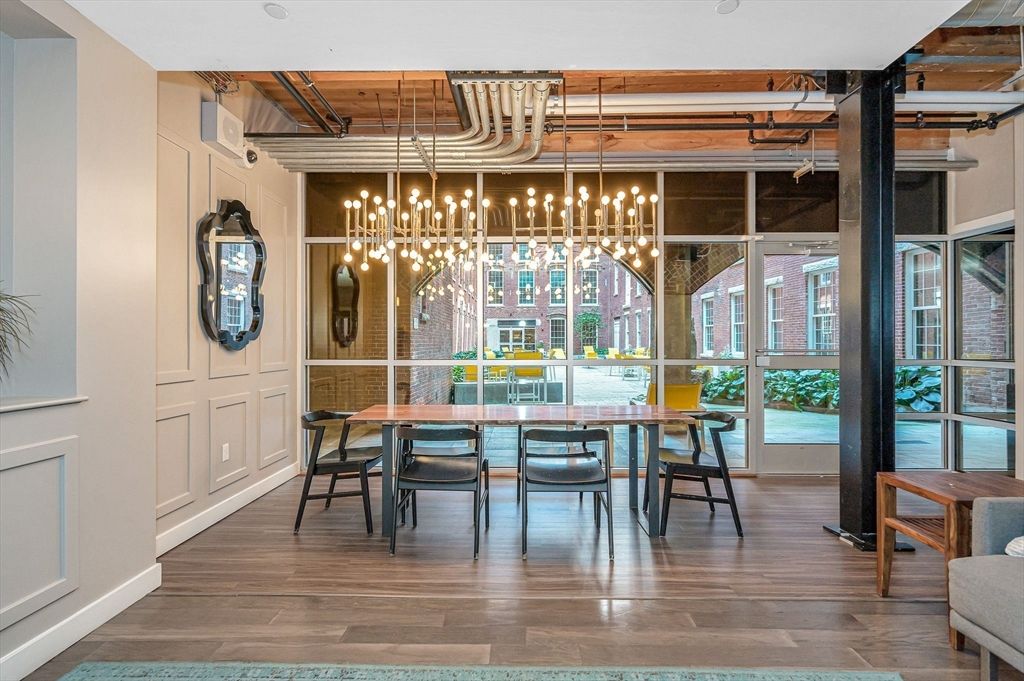 Dining room, Interior, Pendant Lights, Wood Texture Flooring