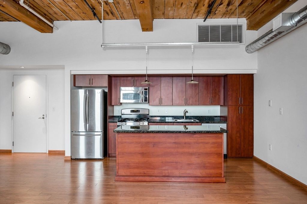 Interior, Kitchen, Pendant Lights, Stainless Steel Appliances, Wooden Beams, Wooden Ceilings, Wood Texture Flooring