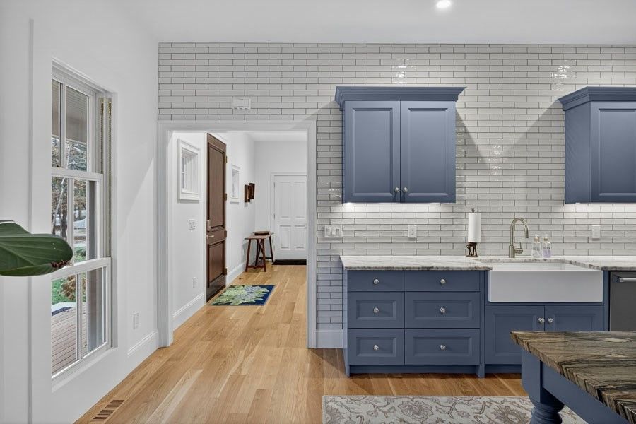 Interior, Kitchen, Recessed Lighting, Stone Walls, Wood Texture Flooring