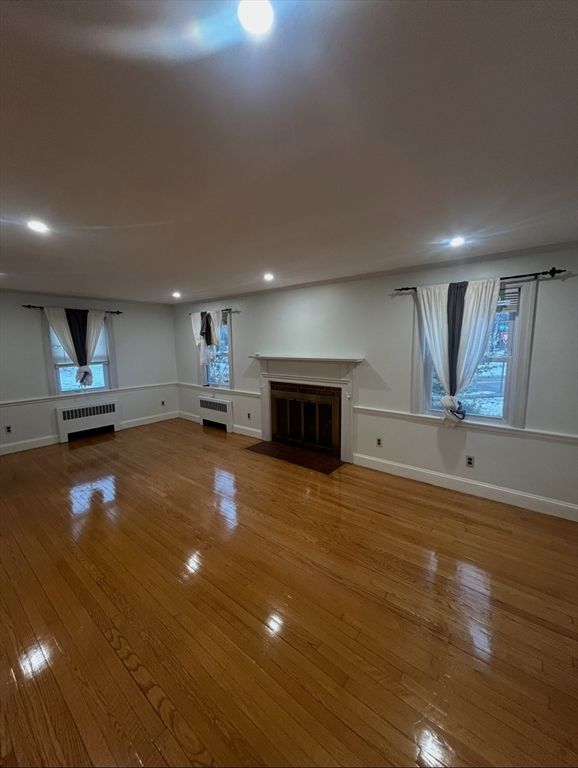 Empty room, Fireplace, Interior, Recessed Lighting, Wood Texture Flooring