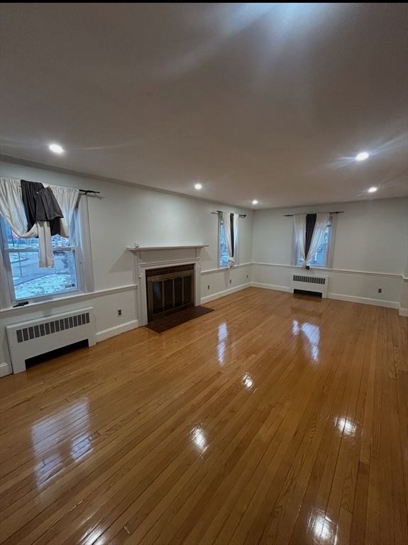 Empty room, Fireplace, Interior, Recessed Lighting, Wood Texture Flooring