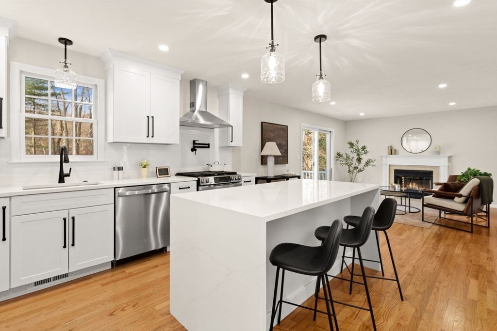 Fireplace, Interior, Kitchen, Living room, Pendant Lights, Recessed Lighting, Stainless Steel Appliances, Wood Texture Flooring