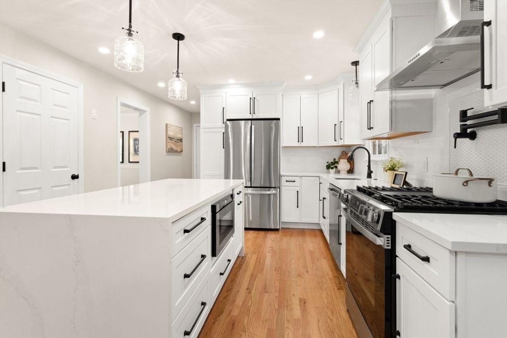 Interior, Kitchen, Pendant Lights, Recessed Lighting, Stainless Steel Appliances, Wood Texture Flooring