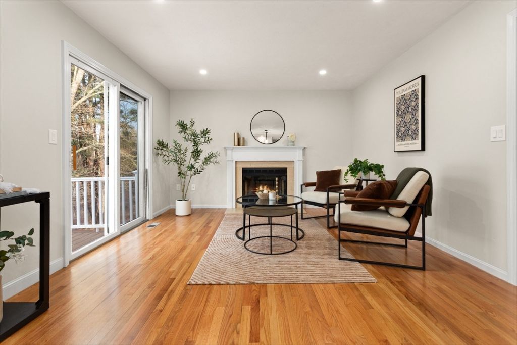 Fireplace, Interior, Living room, Recessed Lighting, Wood Texture Flooring