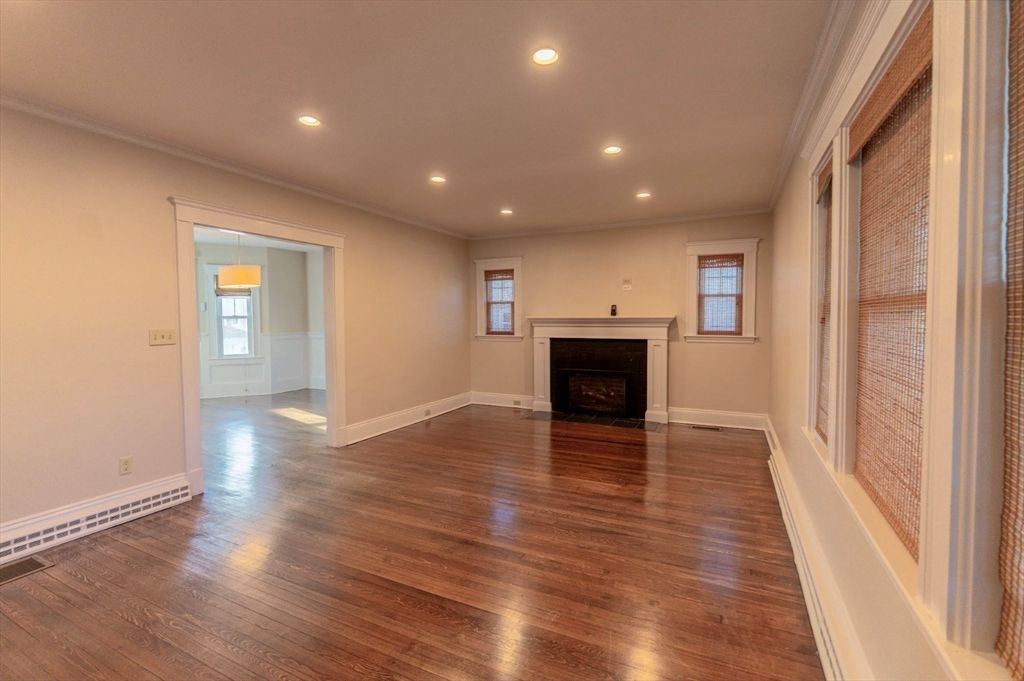 Empty room, Fireplace, Interior, Recessed Lighting, Wood Texture Flooring