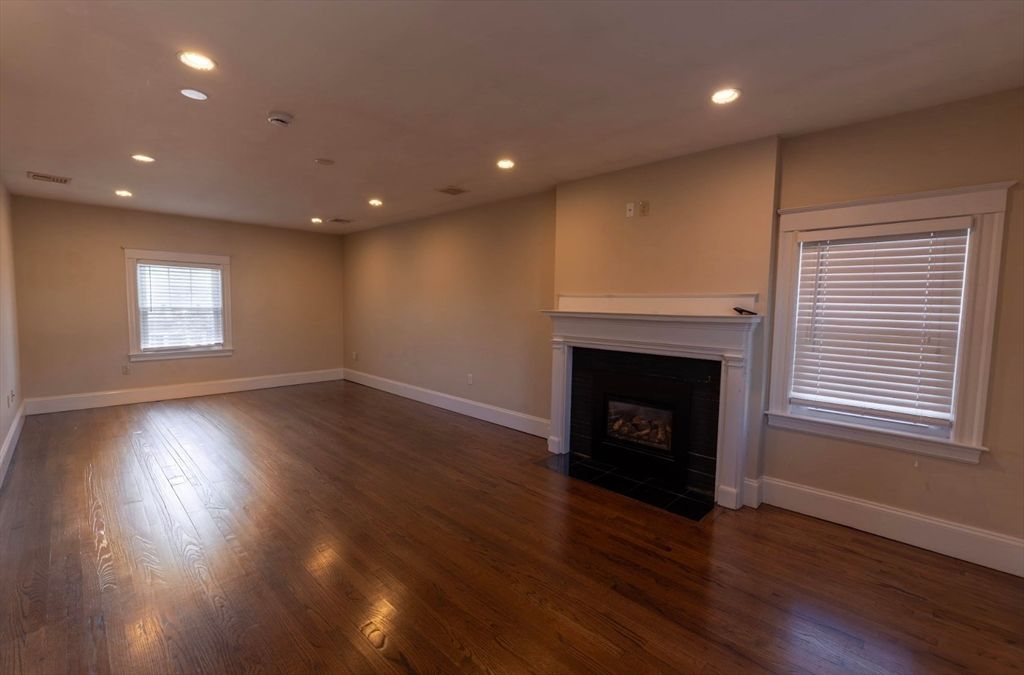 Empty room, Fireplace, Interior, Recessed Lighting, Wood Texture Flooring