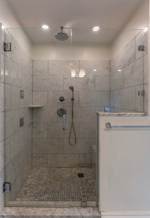 Bathroom, Glass Shower, Interior, Marble Walls, Pendant Lights, Recessed Lighting