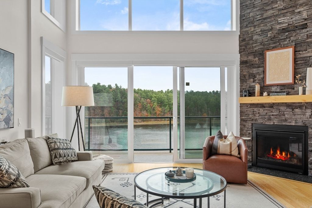 Fireplace, Interior, Living room, Stone Walls, Water, Wood Texture Flooring