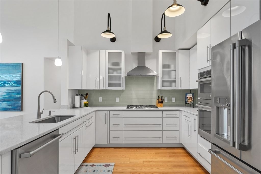 Interior, Kitchen, Pendant Lights, Stainless Steel Appliances, Wood Texture Flooring