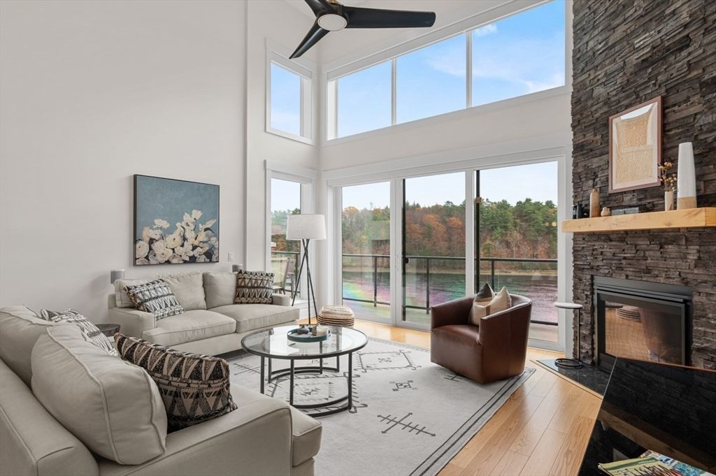 Fireplace, Interior, Living room, Stone Walls, Sun Room, Wood Texture Flooring