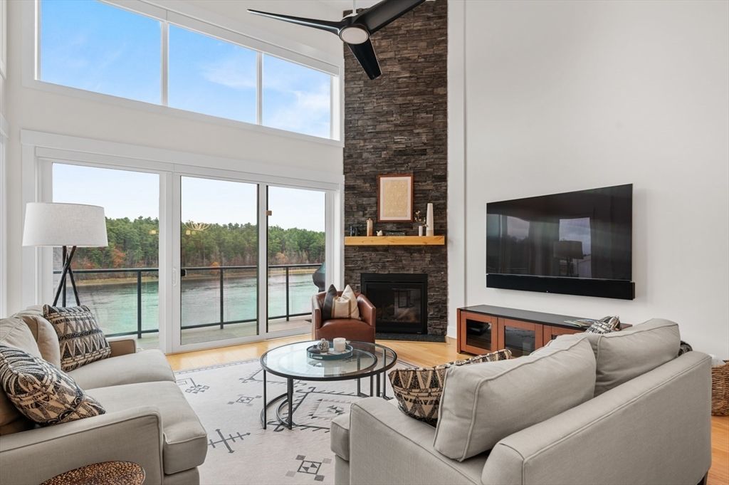 Fireplace, Interior, Living room, Stone Walls, Water, Wood Texture Flooring