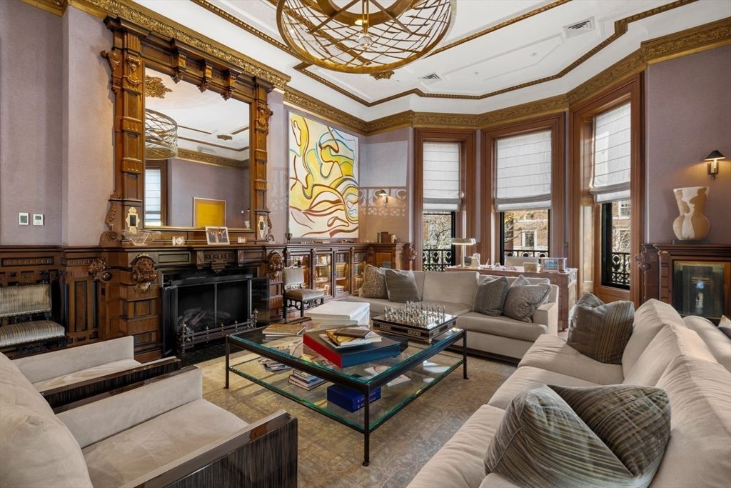 Chandelier, Fireplace, Interior, Living room