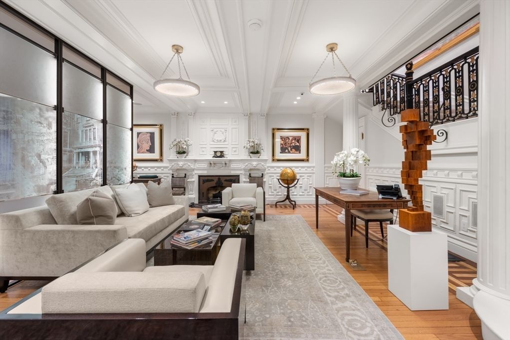 Fireplace, Interior, Living room, Pendant Lights, Piano, Recessed Lighting, Wood Texture Flooring