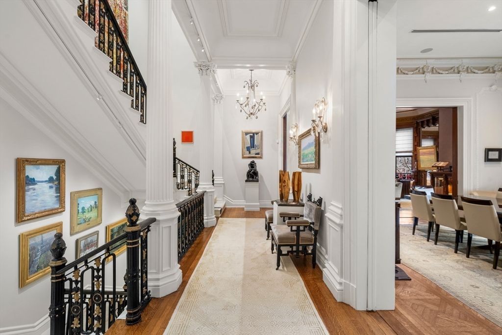 Chandelier, Dining room, Interior, Piano, Recessed Lighting, Wood Texture Flooring