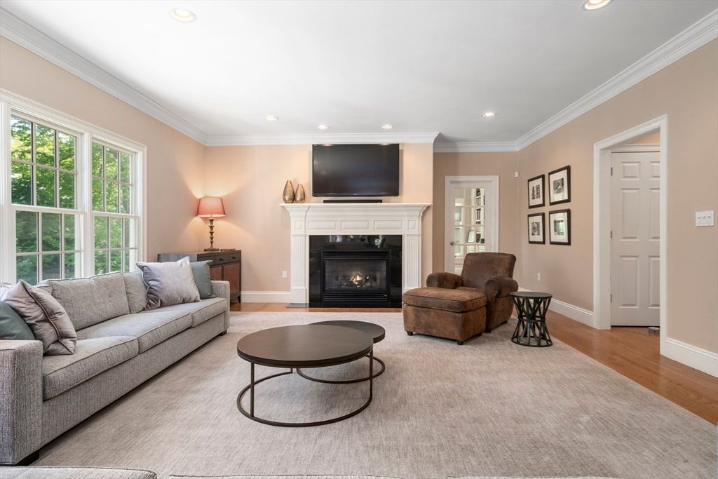 Fireplace, Interior, Living room, Recessed Lighting, Wood Texture Flooring