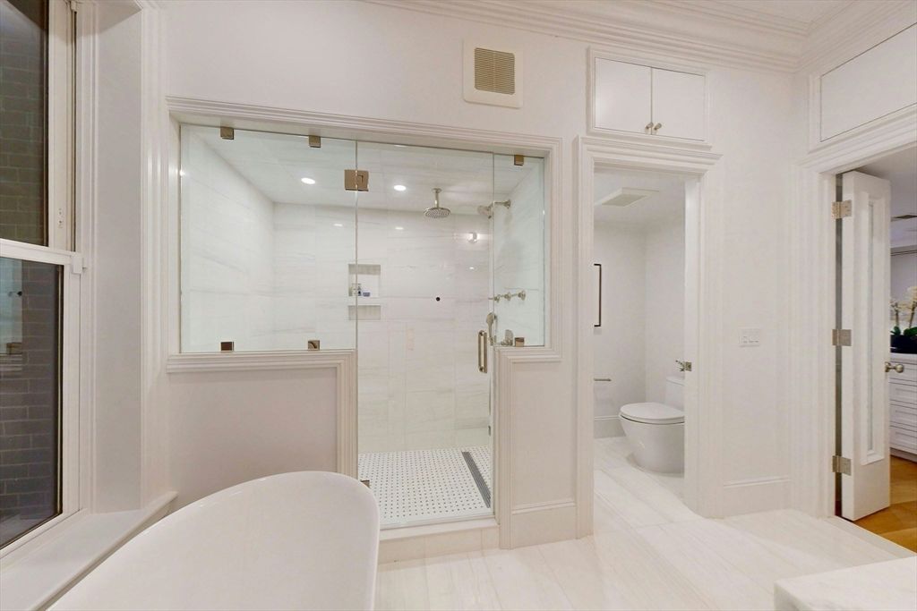 Bathroom, Glass Shower, Interior, Marble Walls, Recessed Lighting