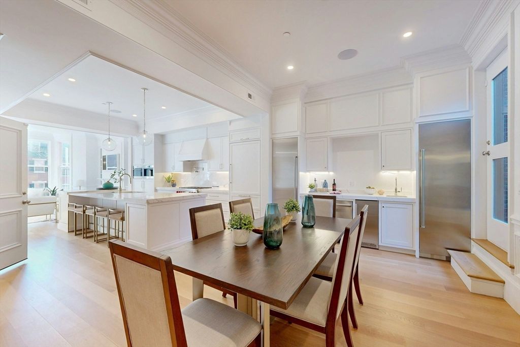 Dining room, Interior, Kitchen, Pendant Lights, Recessed Lighting, Stainless Steel Appliances, Wood Texture Flooring
