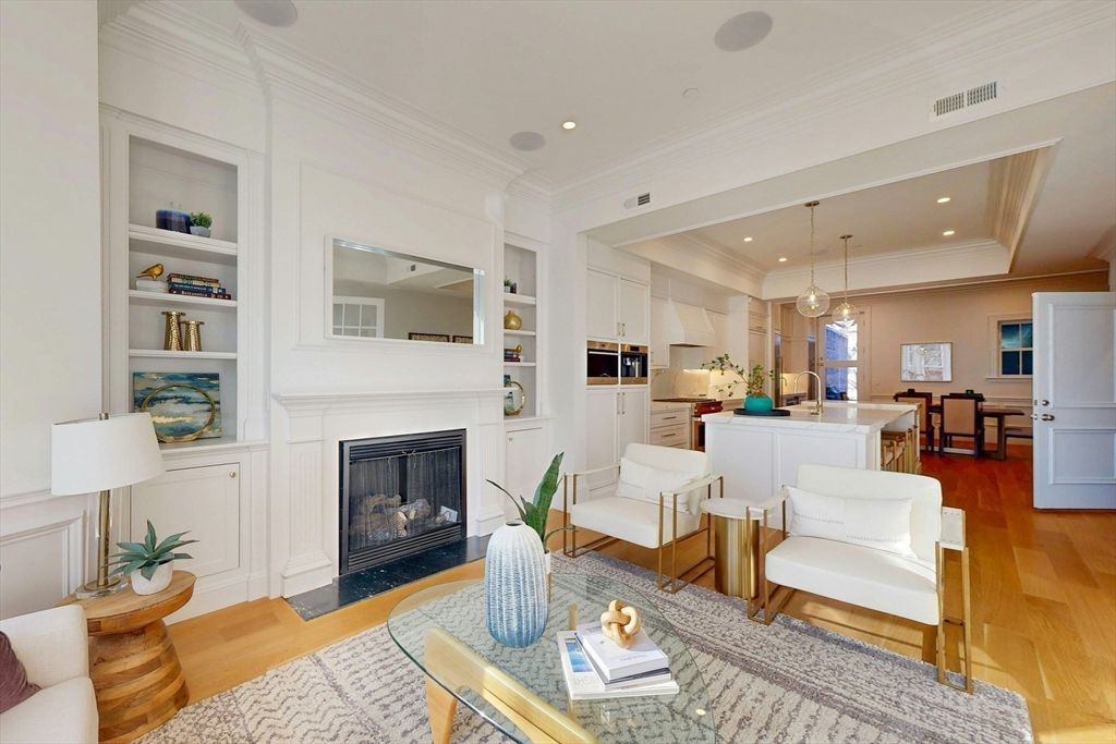 Dining room, Fireplace, Interior, Kitchen, Living room, Pendant Lights, Recessed Lighting, Wood Texture Flooring