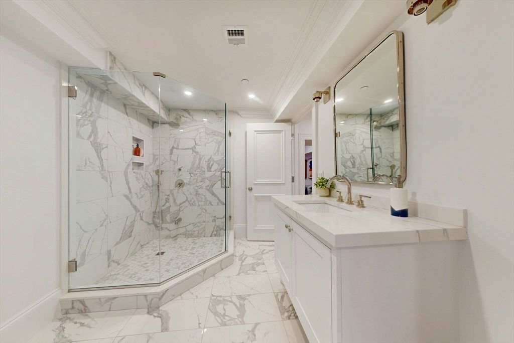 Bathroom, Glass Shower, Interior, Marble, Marble Walls, Recessed Lighting