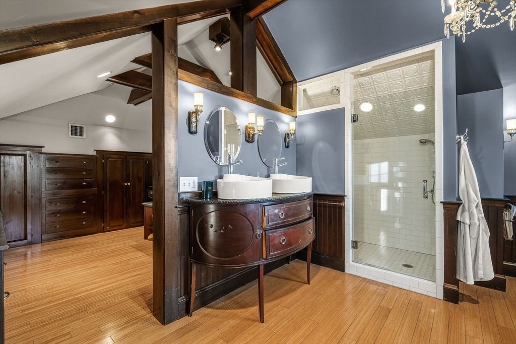 Bathroom, Glass Shower, Interior, Wooden Beams, Wood Texture Flooring