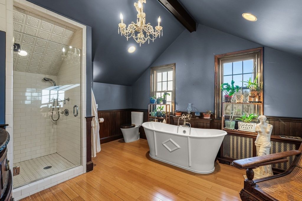 Bathroom, Chandelier, Free Standing Baths, Glass Shower, Interior, Recessed Lighting, Wooden Beams, Wood Texture Flooring