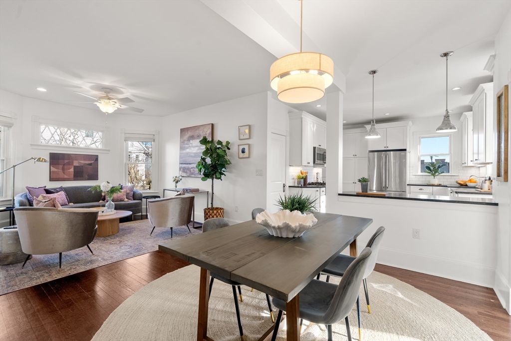 Dining room, Interior, Kitchen, Living room, Pendant Lights, Recessed Lighting, Stainless Steel Appliances, Wood Texture Flooring