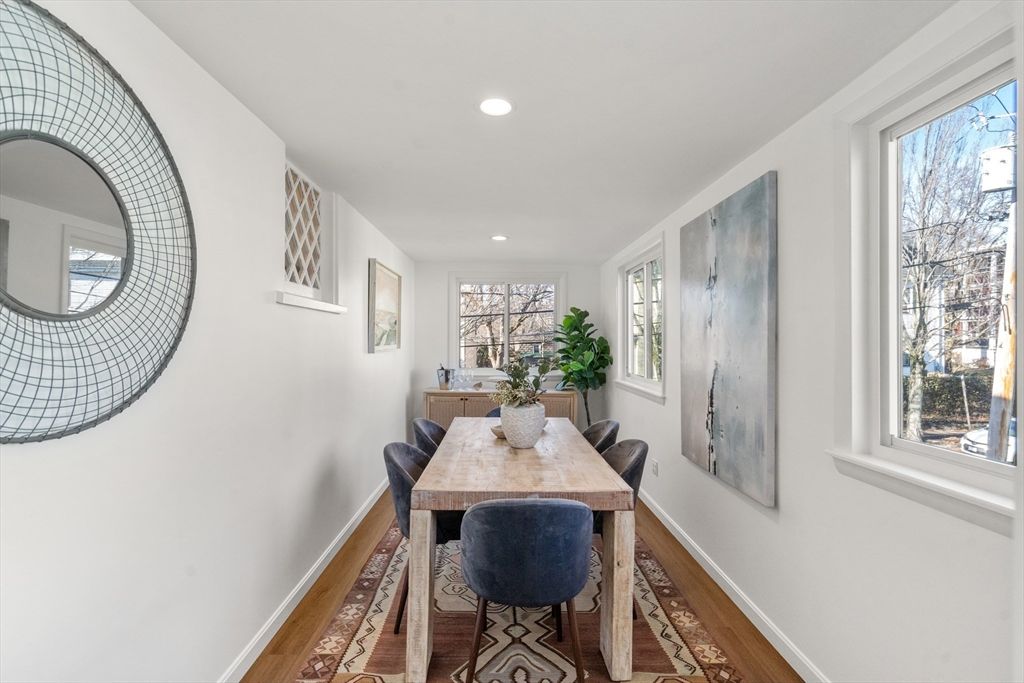 Dining room, Interior, Recessed Lighting, Wood Texture Flooring