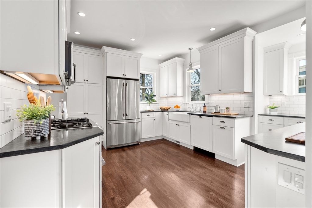 Interior, Kitchen, Pendant Lights, Recessed Lighting, Stainless Steel Appliances, Wood Texture Flooring