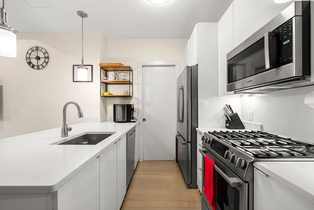 Interior, Kitchen, Pendant Lights, Stainless Steel Appliances, Wood Texture Flooring