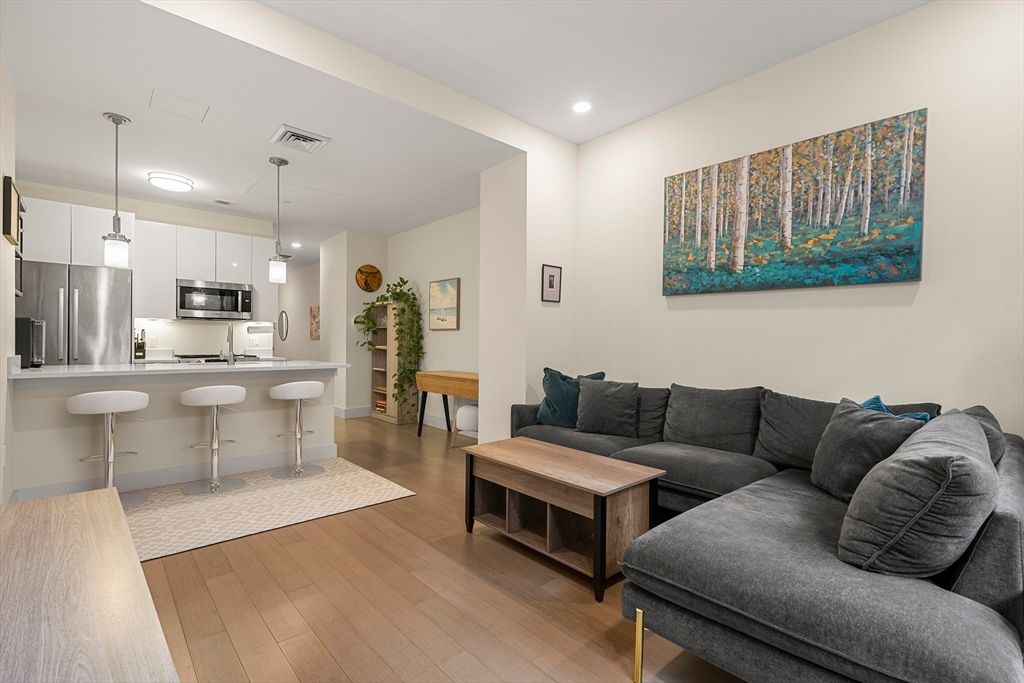 Interior, Kitchen, Living room, Pendant Lights, Recessed Lighting, Stainless Steel Appliances, Wood Texture Flooring