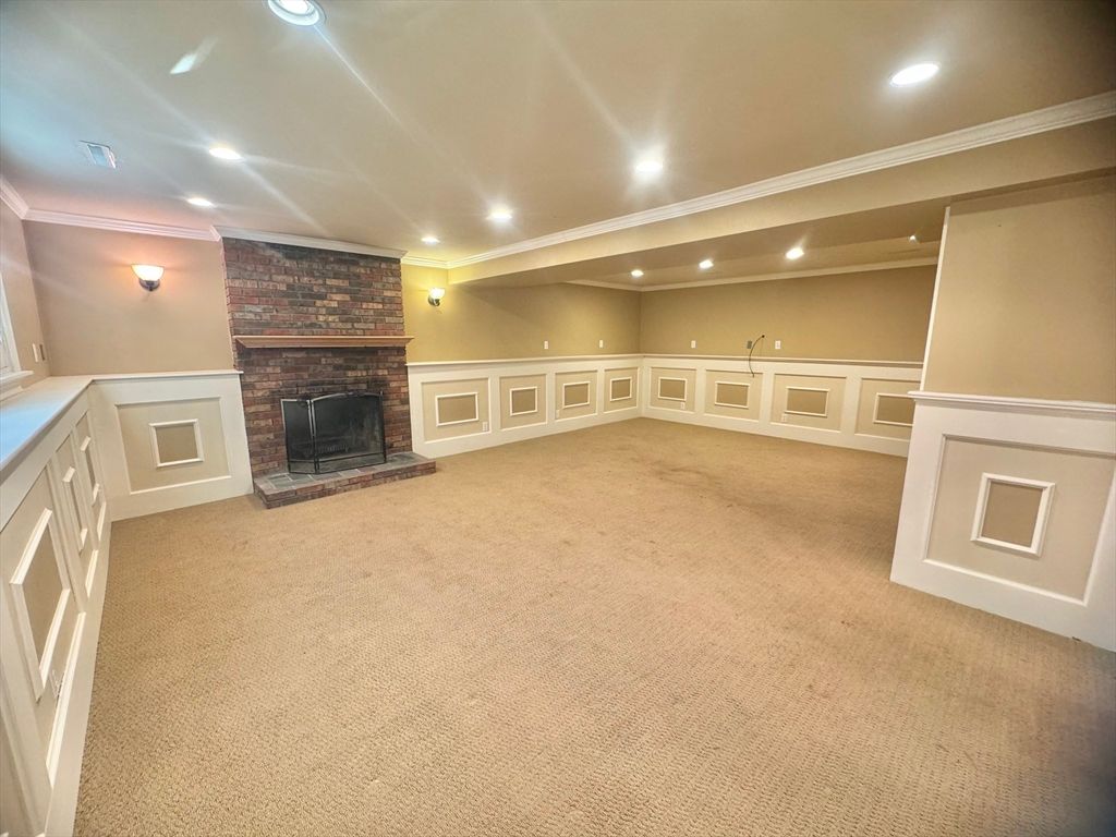 Empty room, Fireplace, Interior, Recessed Lighting, Stone Walls