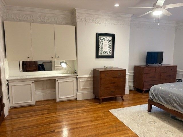 Bedroom, Interior, Recessed Lighting, Wood Texture Flooring